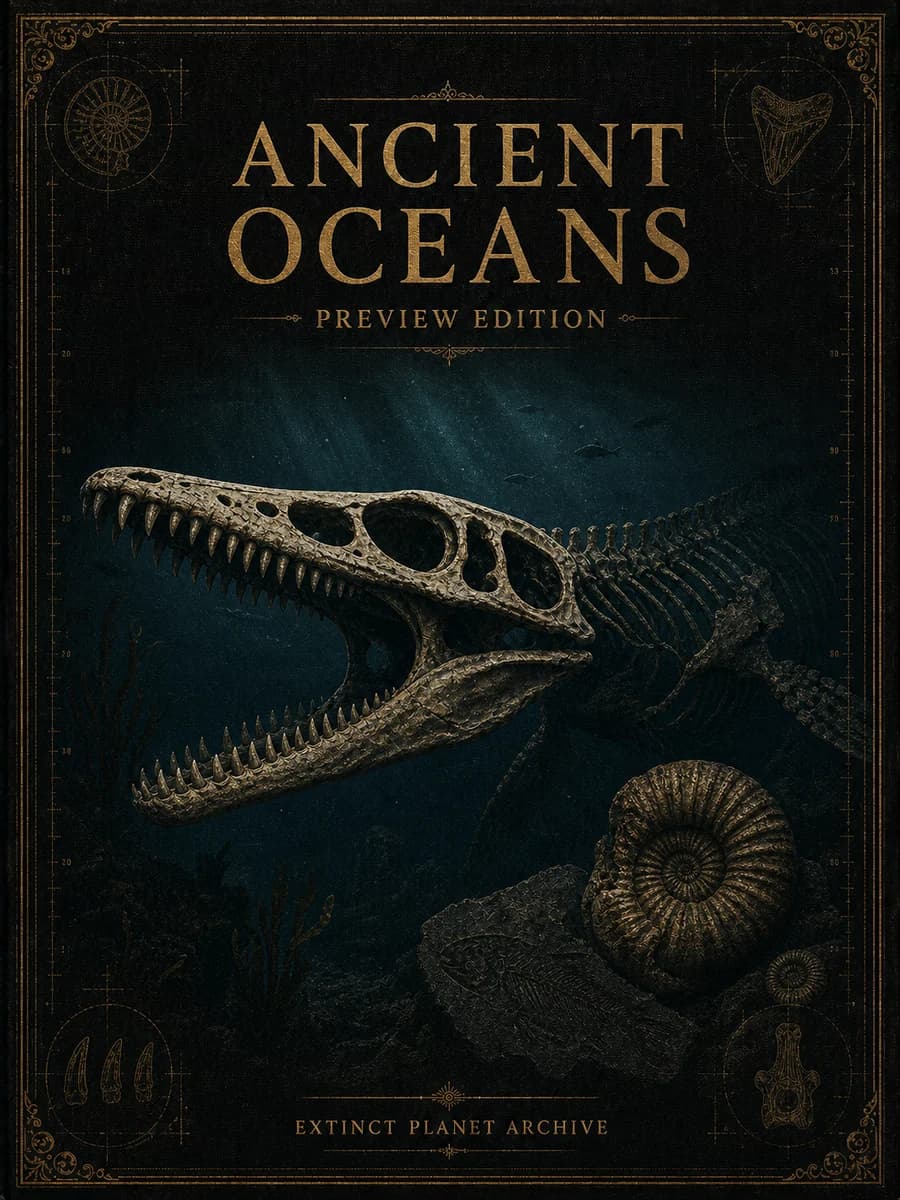 Ancient Oceans cover showing a mosasaur skeleton and ammonite in a deep blue archive plate.