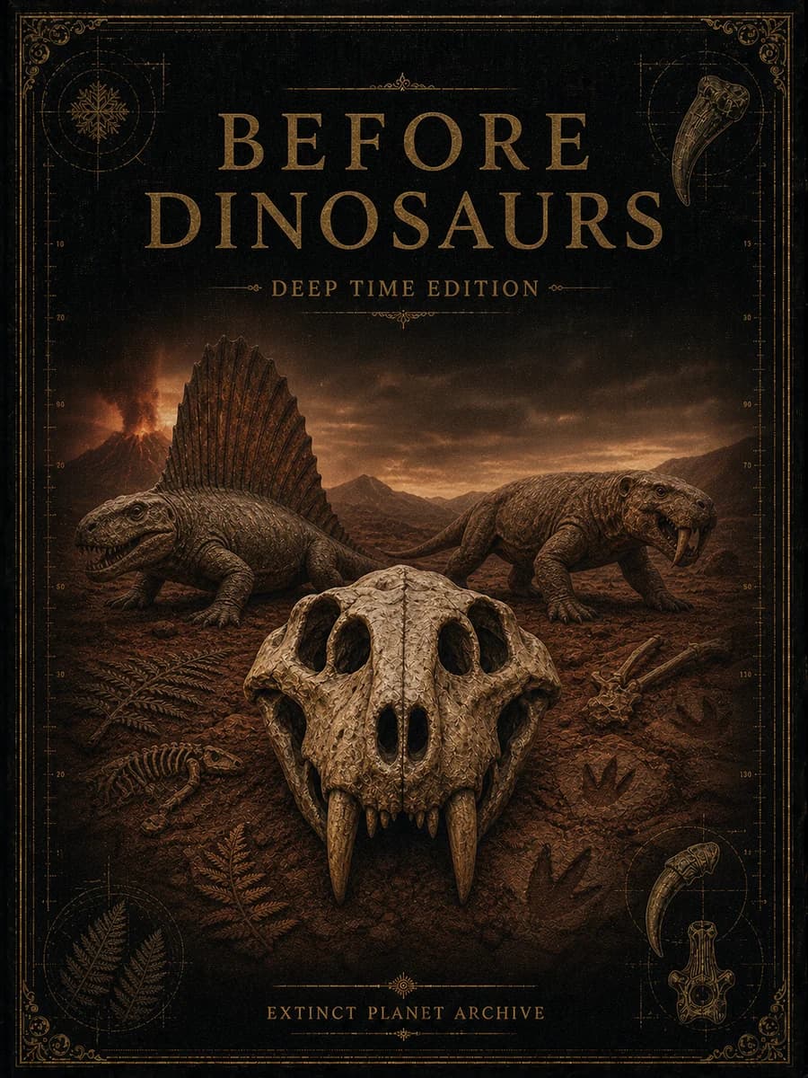 Before Dinosaurs cover showing Permian animals and a fossil skull in an iron-red basin.