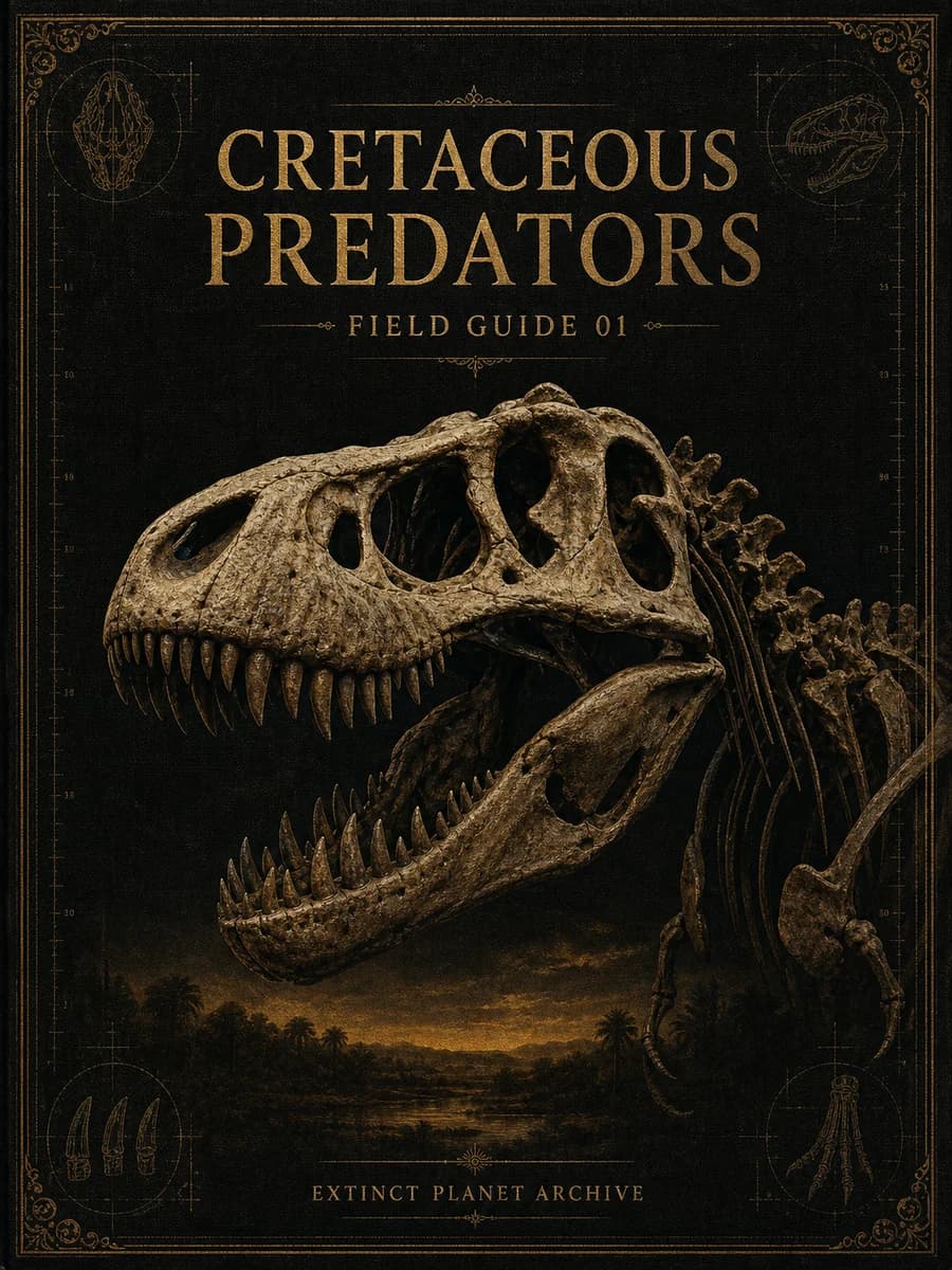 Cretaceous Predators cover showing a Tyrannosaurus skull in a gold-framed museum plate.