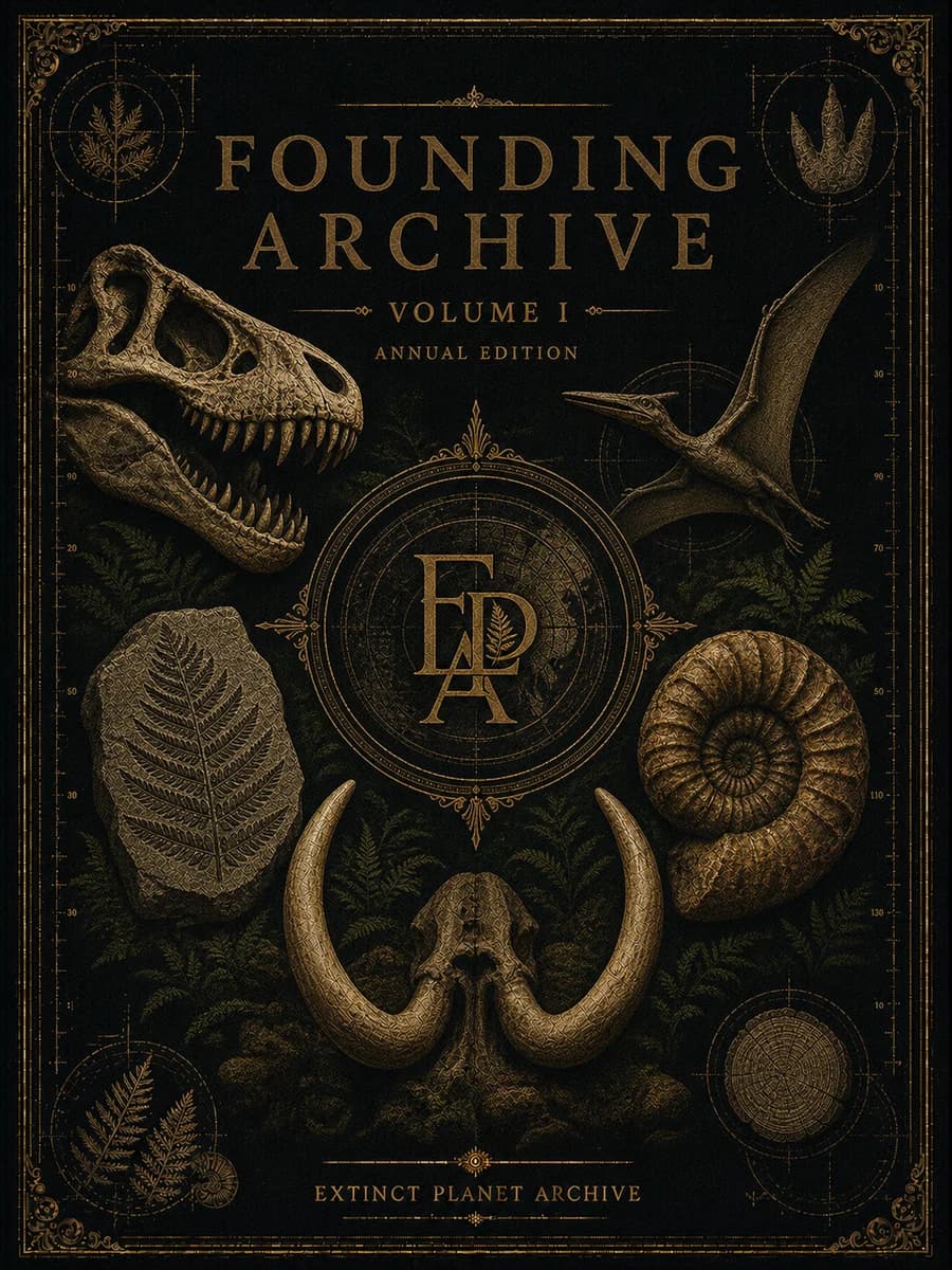 Founding Archive Volume I cover arranging dinosaur, mammoth, ammonite, and fern specimens.