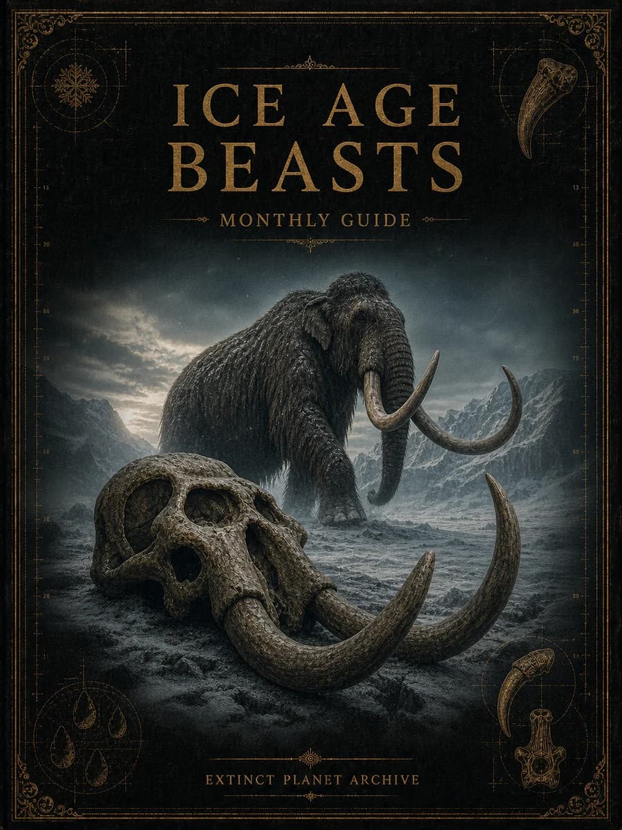 Ice Age Beasts cover showing a woolly mammoth and fossil skull on a frozen steppe.