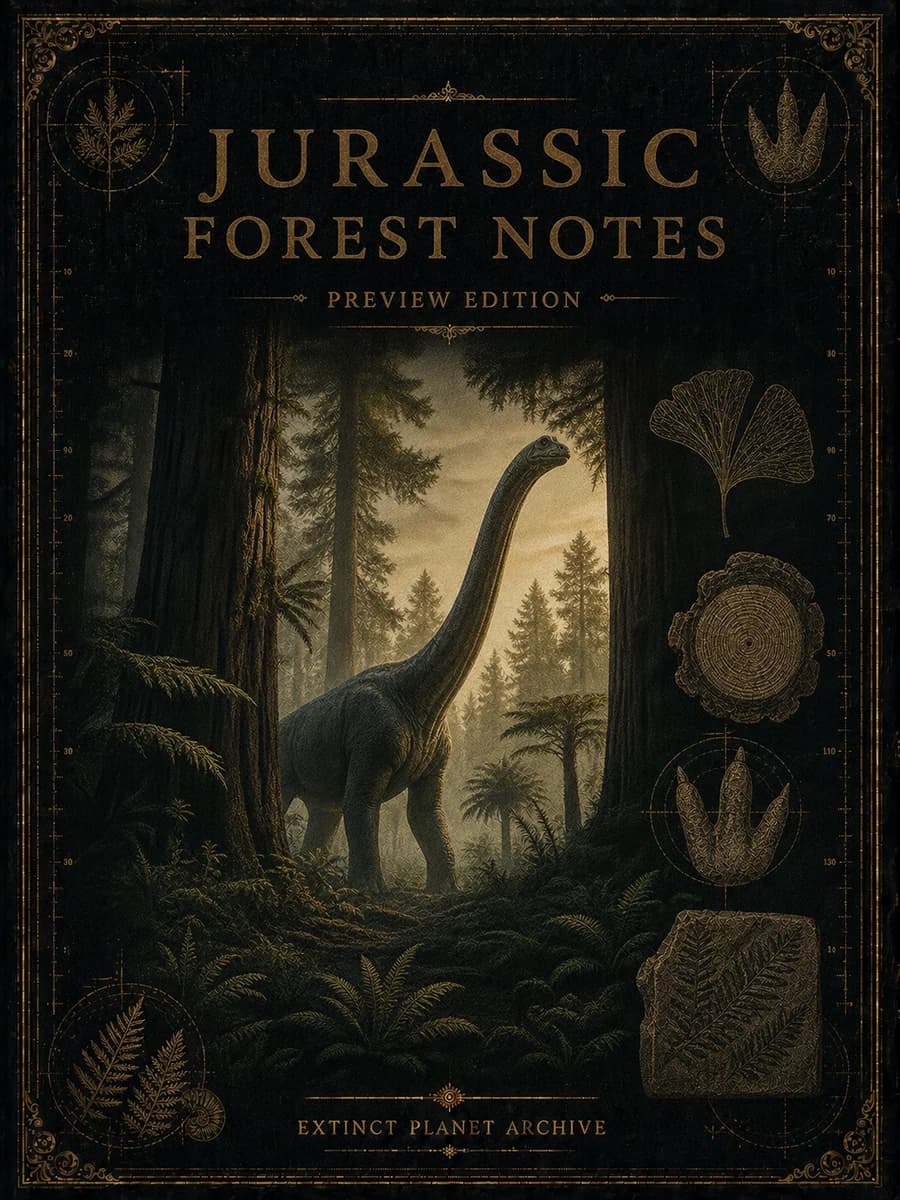 Jurassic Forest Notes cover showing a sauropod among conifers and fossil plant studies.
