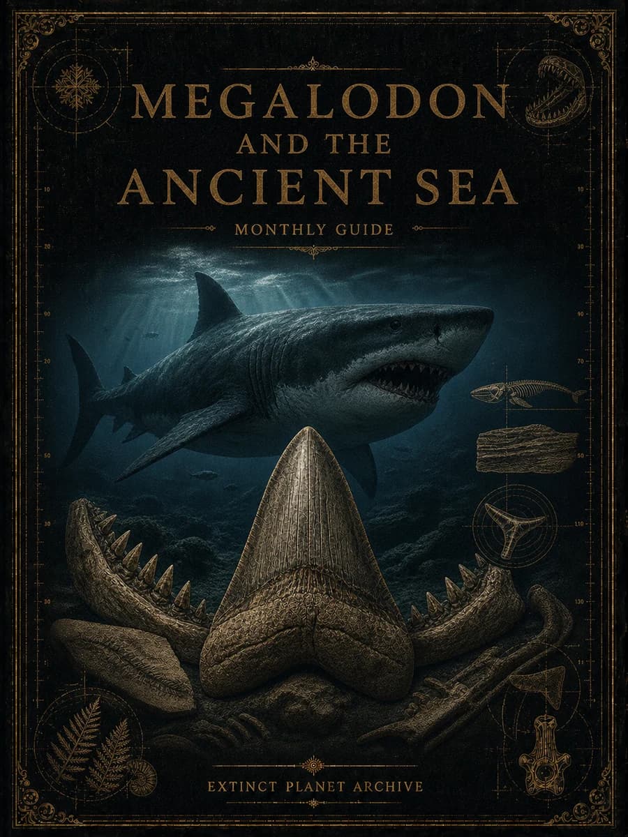 Megalodon and the Ancient Sea cover showing a giant shark, jaws, and fossil tooth.