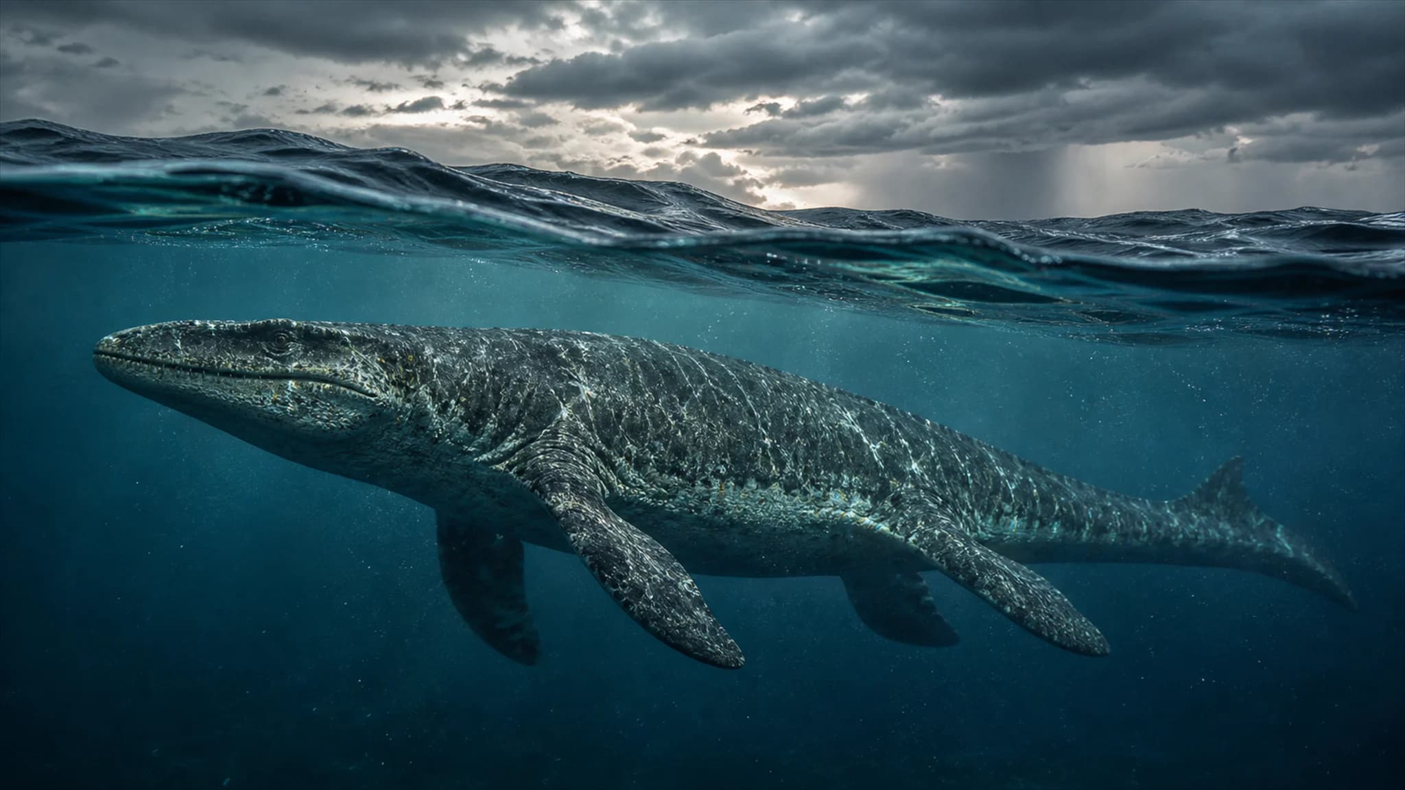 A mosasaur swimming beneath the storm-lit surface of a Late Cretaceous ocean.