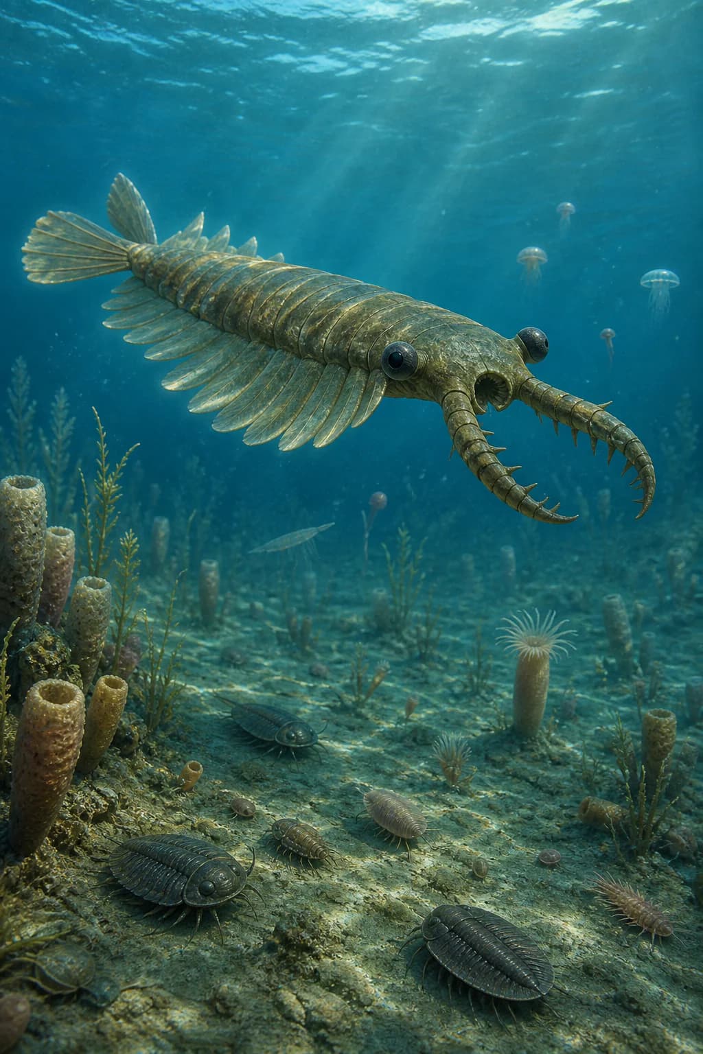 Anomalocaris and other Cambrian animals moving through a blue-green ancient sea.