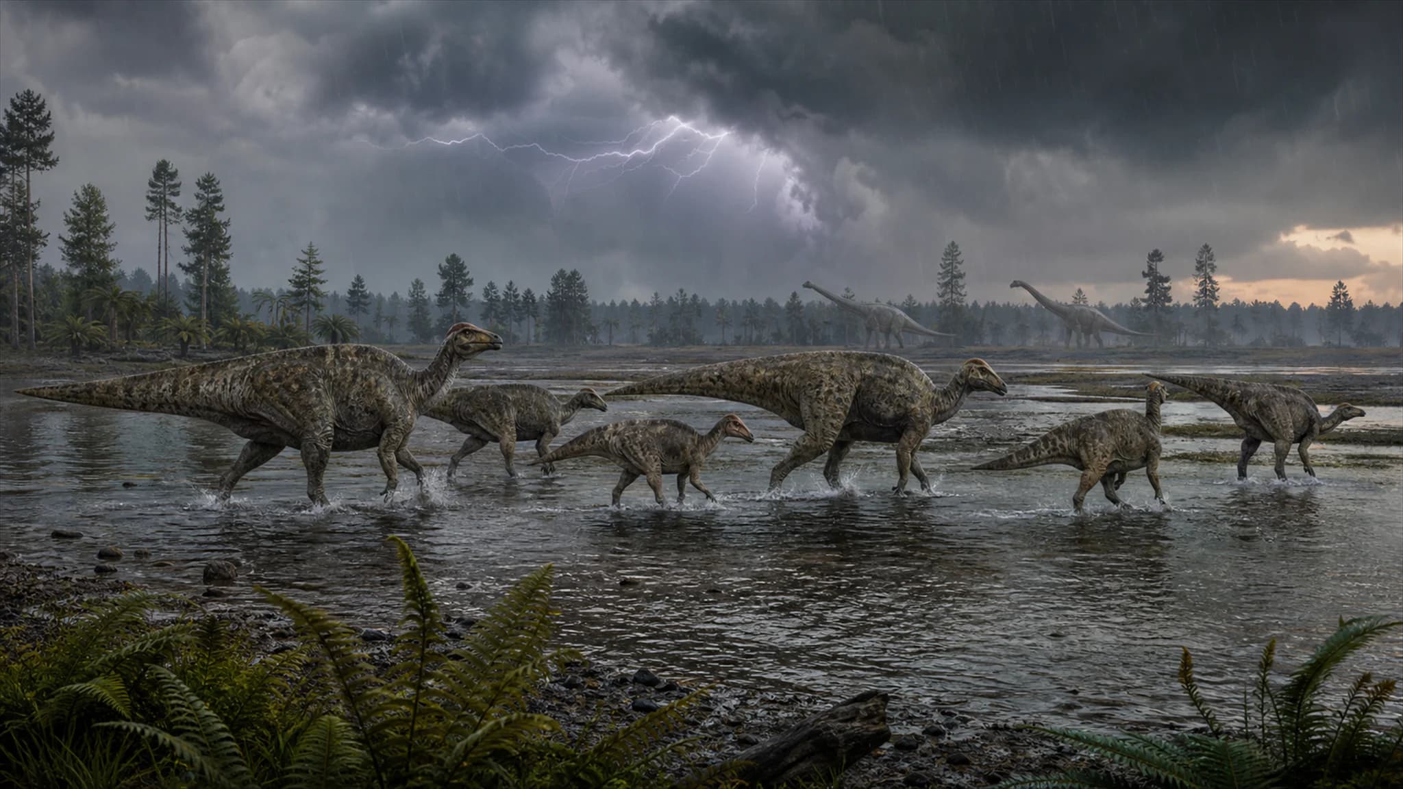 Hadrosaurs crossing a river floodplain beneath a powerful Late Cretaceous storm.