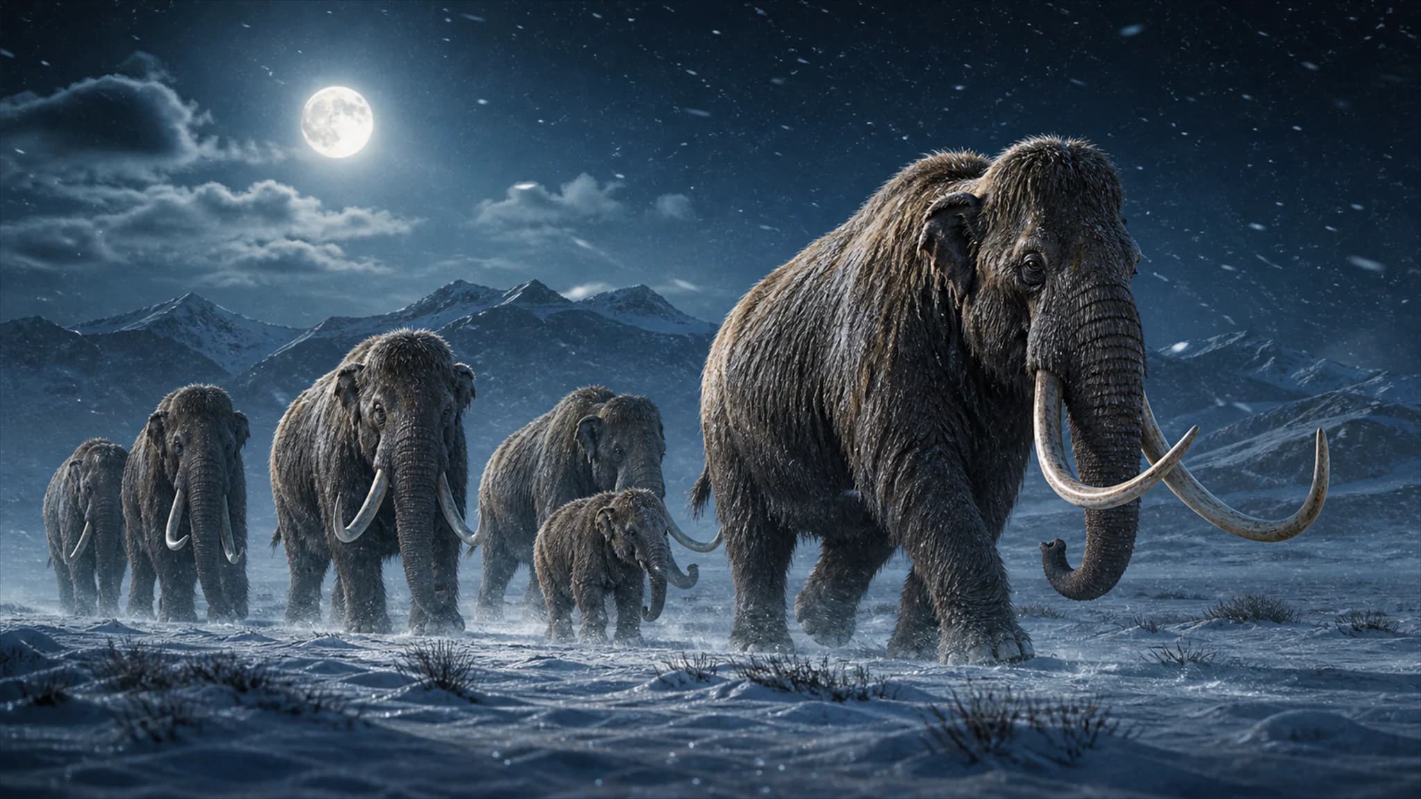 A woolly mammoth family migrating across moonlit Pleistocene tundra in blowing snow.