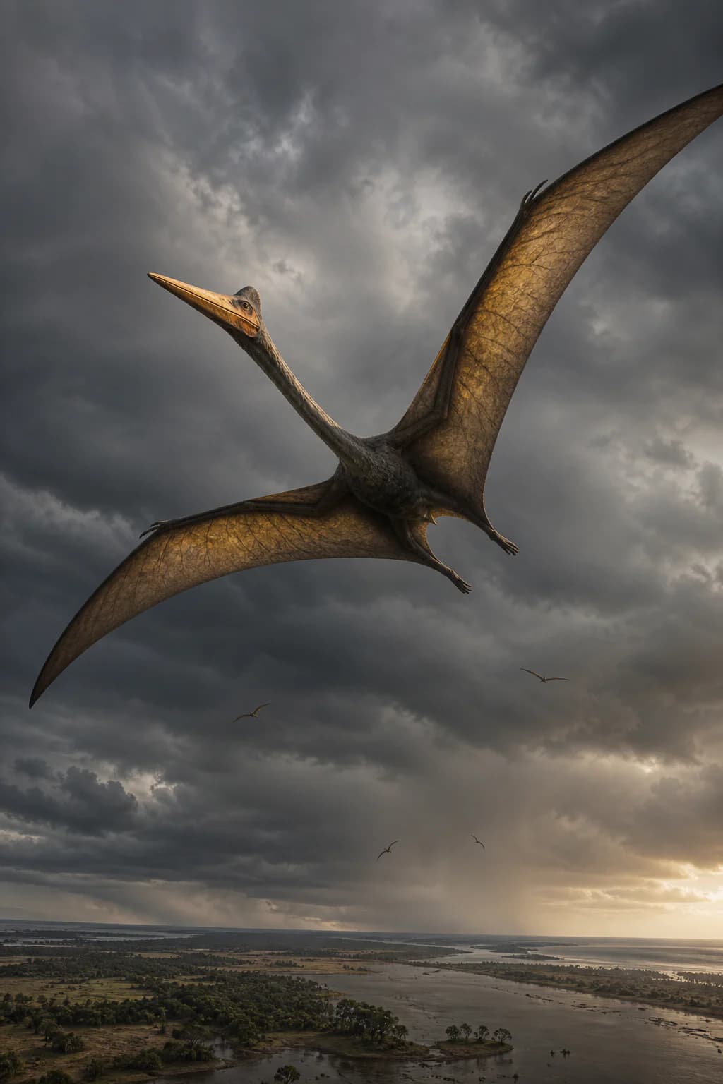A Quetzalcoatlus soaring on storm updrafts above a Late Cretaceous coastal plain.