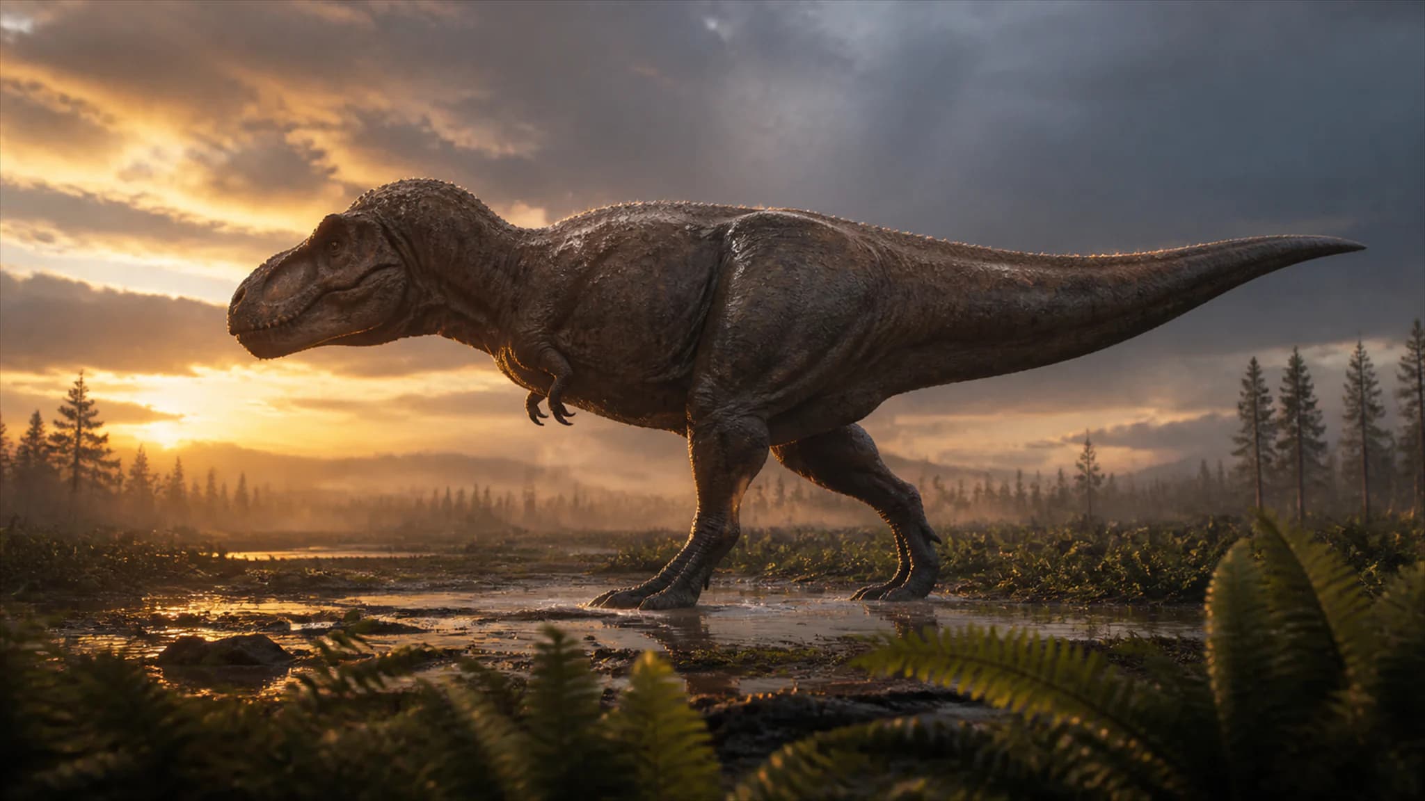 A Tyrannosaurus rex walking through a rain-darkened Late Cretaceous floodplain at amber dusk.