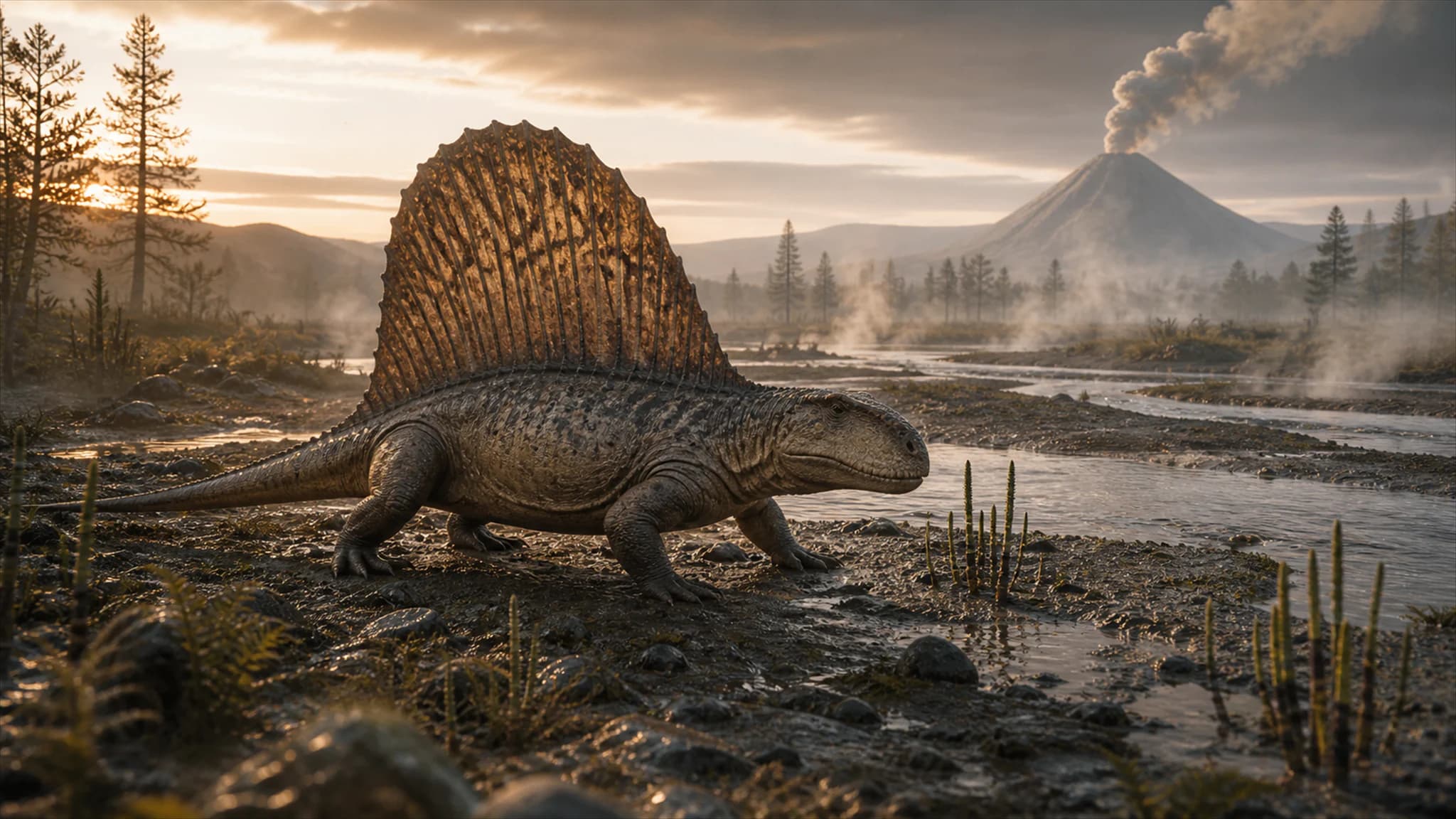A Permian landscape at volcanic dawn with a Dimetrodon moving beside a steaming river.